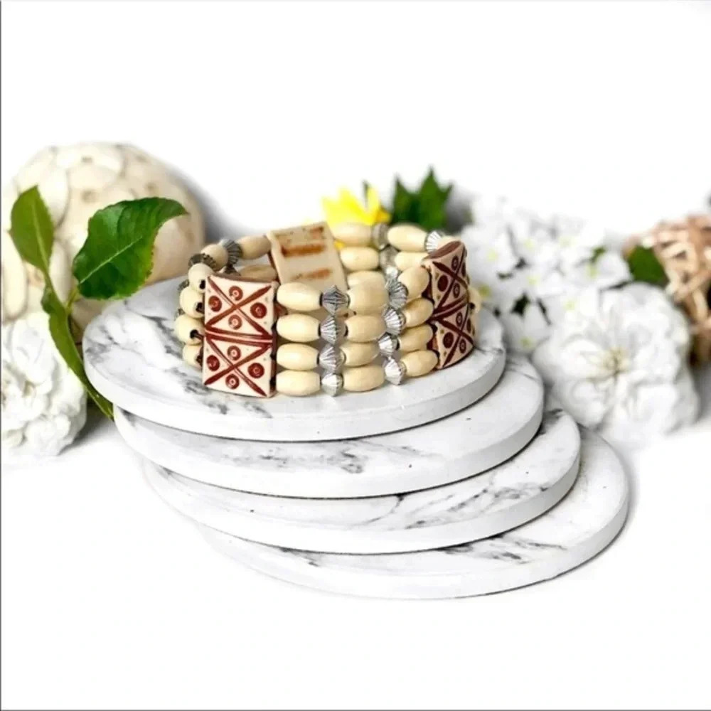 Boho Stacked Wooden Bead Bracelet — Elastic Stretchy Neutral Layered Jewelry